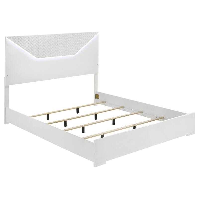 Eastern King Panel Bed with LED Headboard, White High Gloss, Diamond Tile Embossed Design