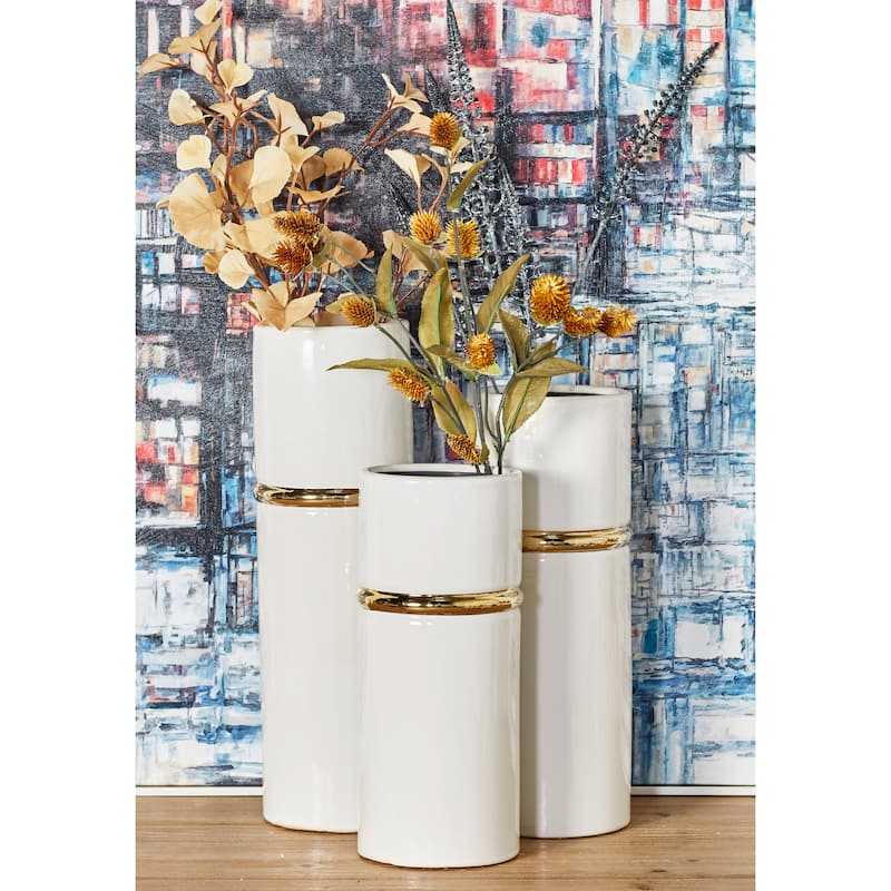 White Ceramic Decorative Vase with Gold Accents (Set of 3) - White