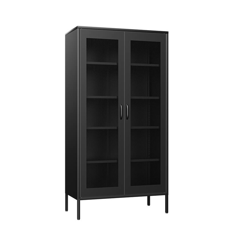 GDFStudio - Trenton 73" Black Metal Storage Cabinet with Mesh Doors, Adjustable Shelves