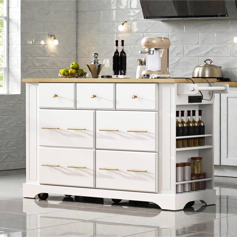 Rolling Kitchen Island with 6 Drawers, Pull-Out Trash Can Storage, Drop Leaf, Power Outlet & Side Racks - White