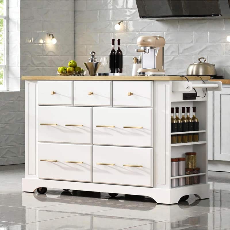 Rolling Kitchen Island with 6 Drawers, Pull-Out Trash Can Storage, Drop Leaf, Power Outlet & Side Racks