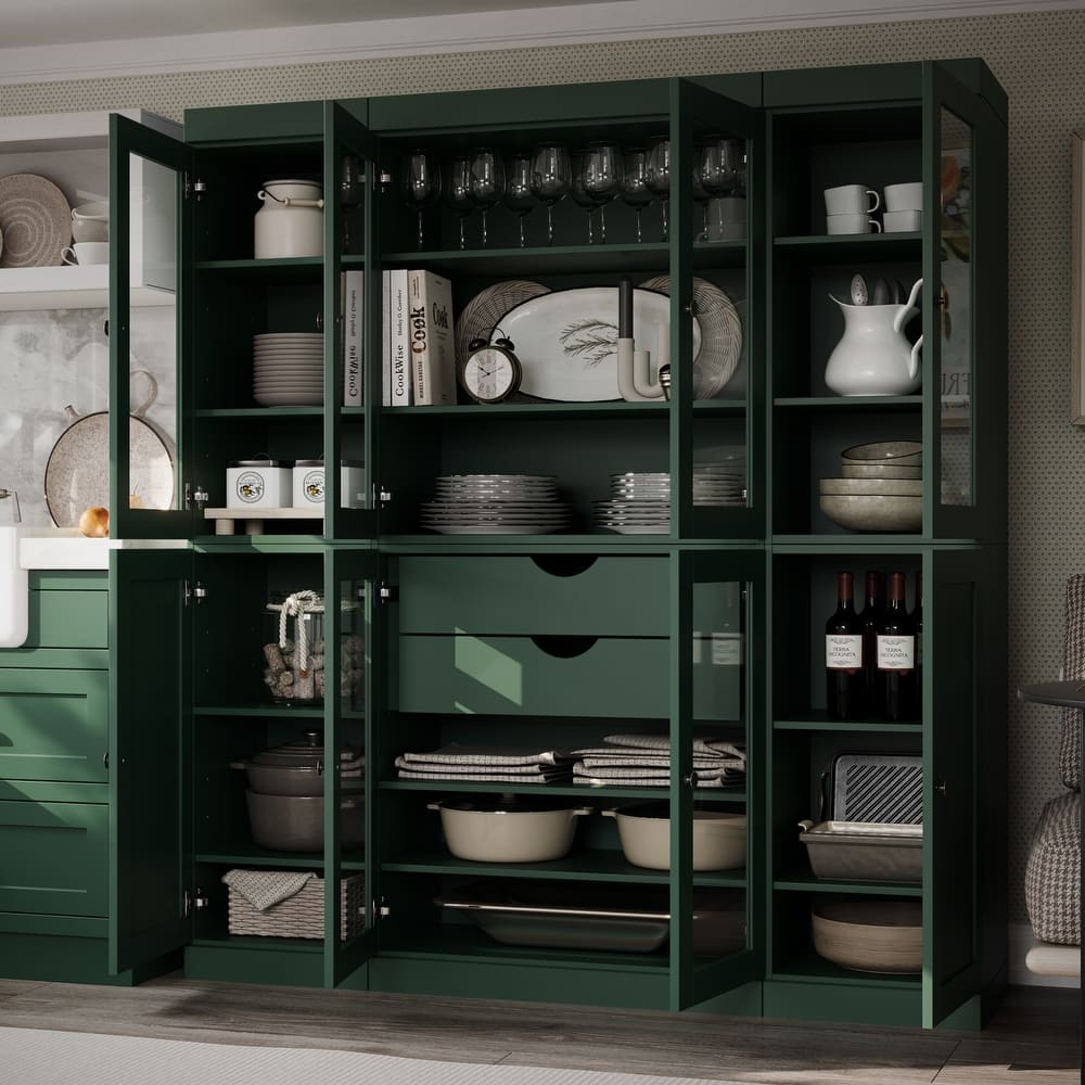 Palace Imports 100% Solid Wood Pantry China Cabinet, Clear Glass & Shaker Doors, 2 Drawers, 65" Wide, 71.5" Tall