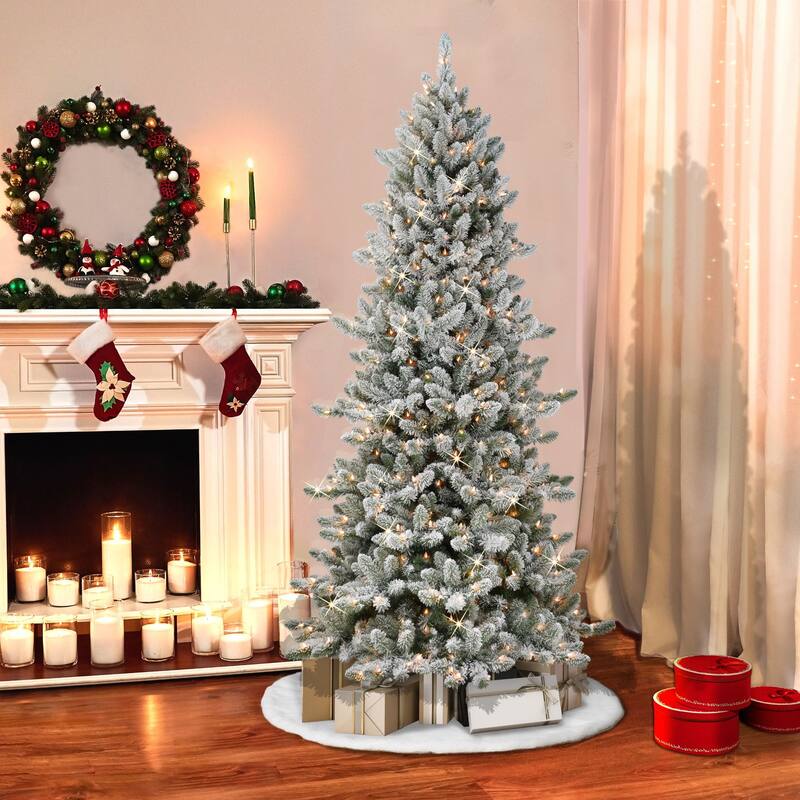 7.5' Slim Flocked Spruce Artificial Christmas Tree, Clear Lights - 7.5 Foot