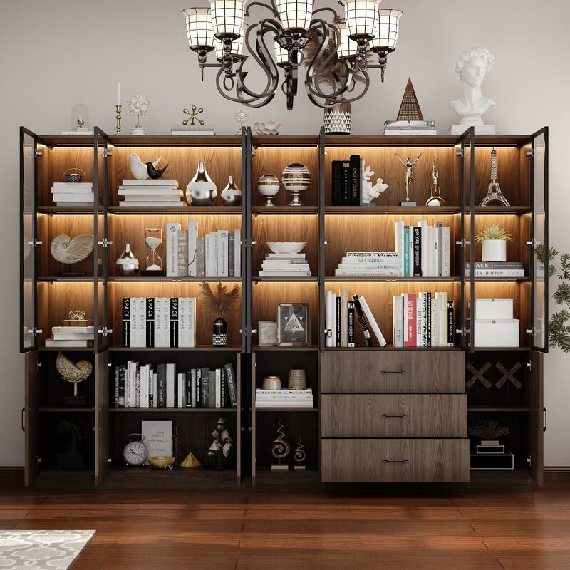 LED-Lit Wood Grain Cabinet - Configurable Storage for Home or Office