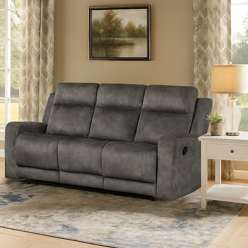 Tesy Manual Double Reclining Sofa, Dark Gray Brown Microfiber, 80 Inch