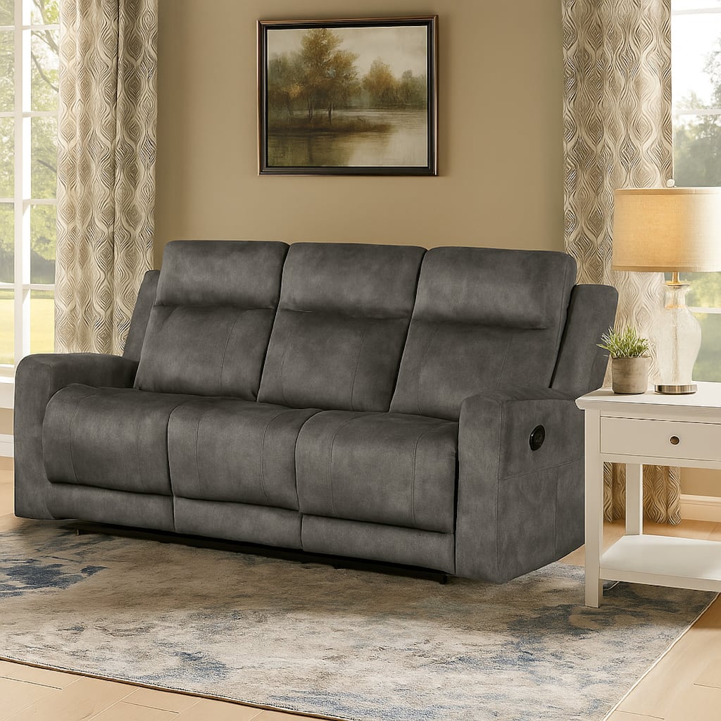 Tesy Manual Double Reclining Sofa, Dark Gray Brown Microfiber, 80 Inch