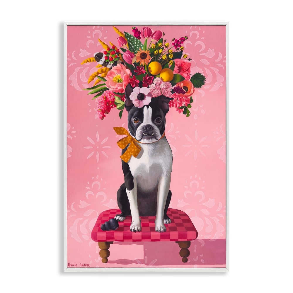 Stupell Bulldog & Pink Bouquet Framed Giclee Art Design By Heather Gauthier