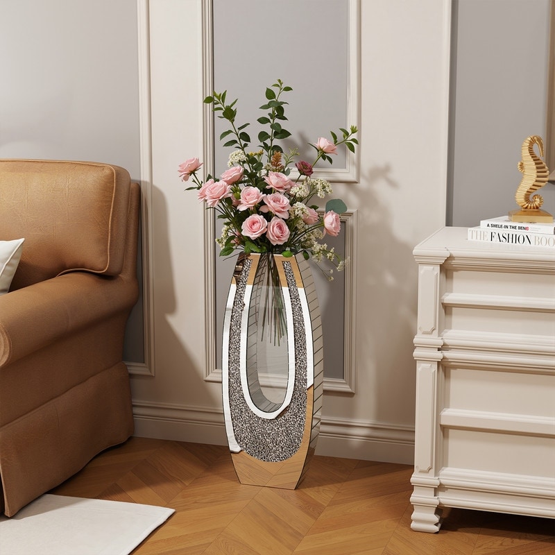 24" U Shaped Tempered Glass Floor Vase with Shattered Diamond Mirror