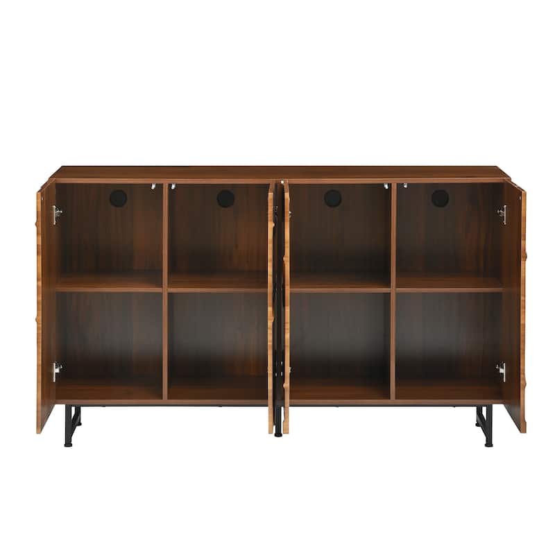 Modern Solid Wood Sideboard with Wave Relief Design, Large 4 Door Storage Cabinet Walnut Texture Buffet Sideboard