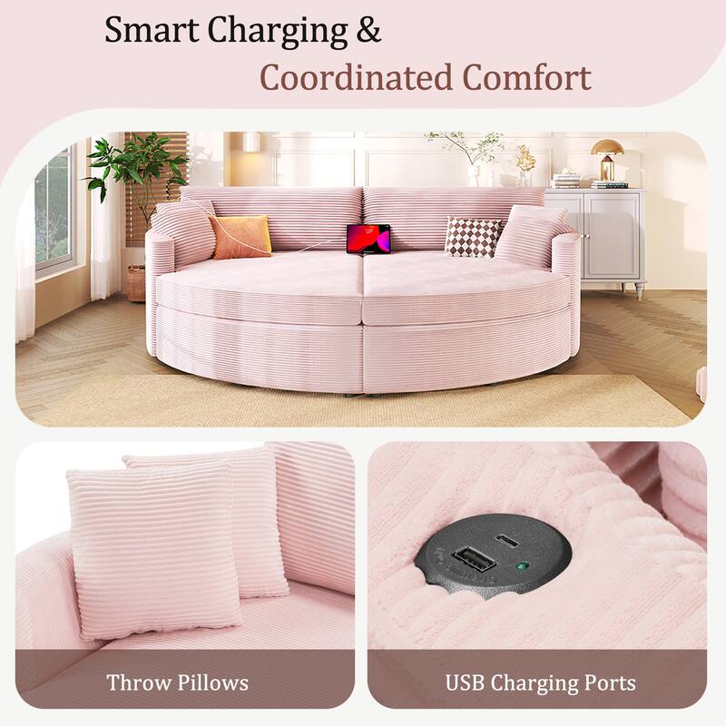 102.3" Oversized Double Chaise Lounge Sofa, Corduroy Upholstered Sleeper Sofa Bed 2 Seat Sofa Loveseat with USB Ports