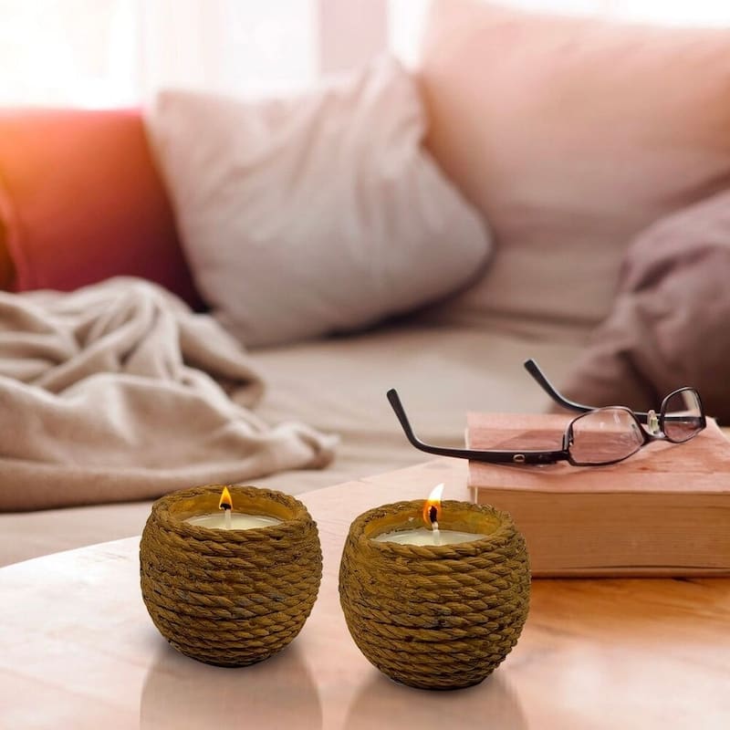 Brown Ceramic Basket Candle Set of Two Small Textured Rustic Bowls