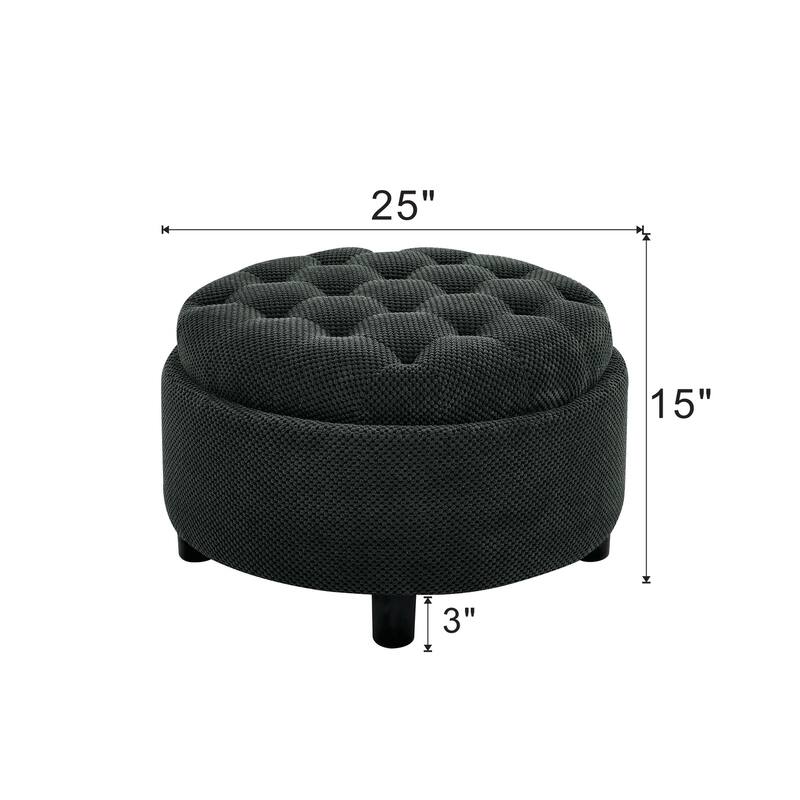Round Storage Ottoman with Lift-Off Tray and Upholstered Fabric