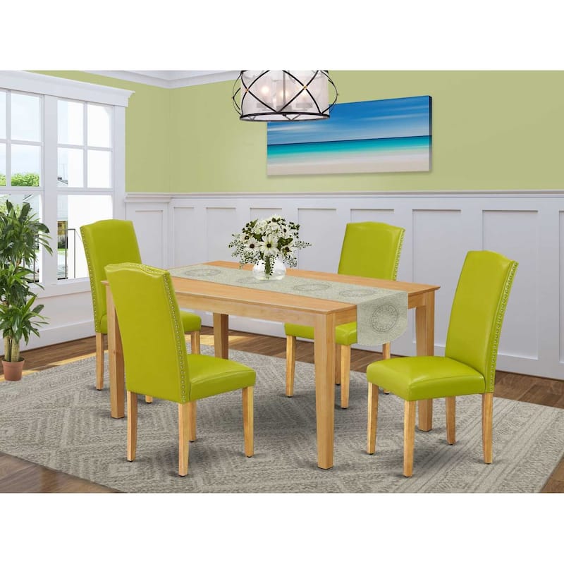 Asian Dining Set 5Pc Rectangle Table & 4 Chairs - Green PU Leather, Oak Legs - 60" Table