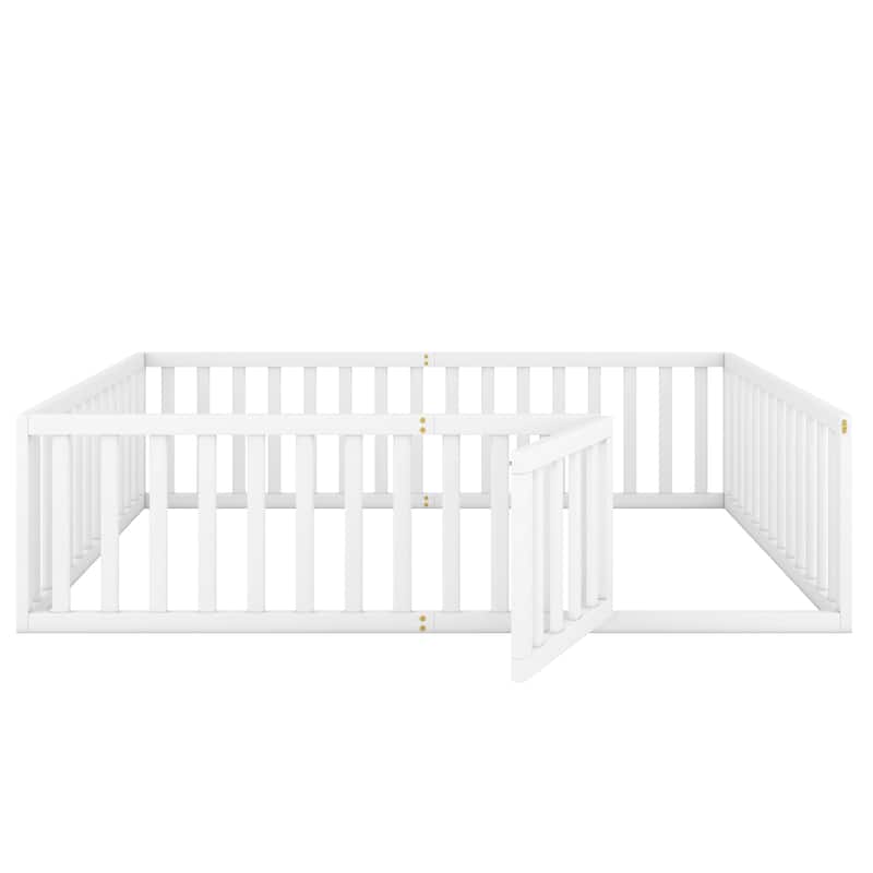 Queen Size Wooden Floor Bed Frame with Safety Fence and Door, White/Gray/Walnut/Natural Options