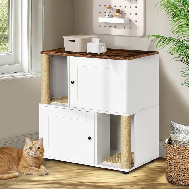 Double Cat Litter Box Enclouse with Scratch Post and Litter Mat