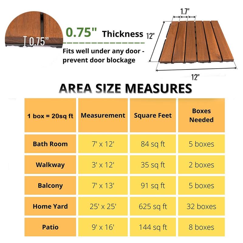 12" x 12" Square Patio Wood Interlocking Deck Tiles(Box of 10/20/30)