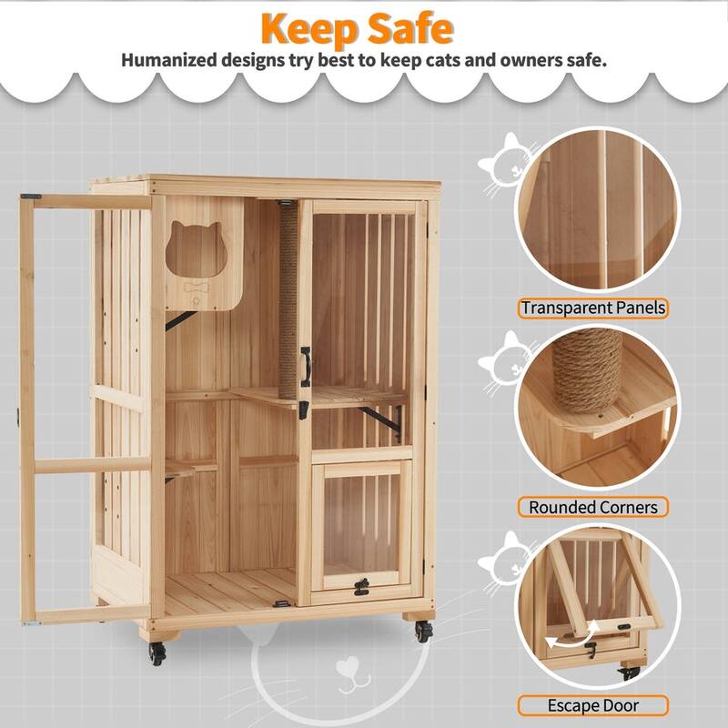 Mcombo Luxury Cat House with Scratching Post, Wooden Large Cat Villa with Wheels, Multi-Feature Cat Condo with Escape Door CT83