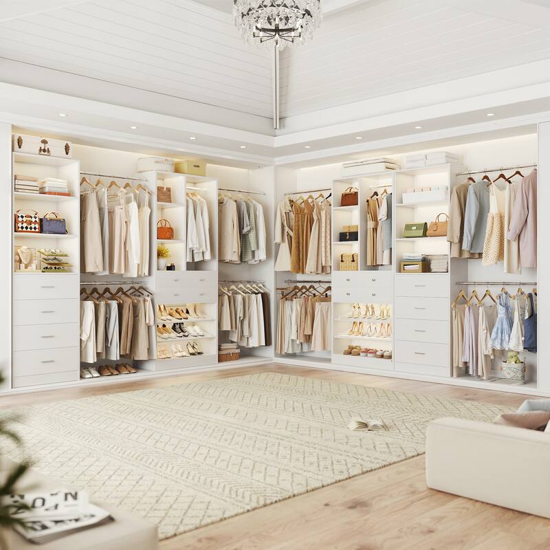 Set of 2 Closet Organizer System with Wood Drawers, Amoire Wardrobe with Hanging Rods