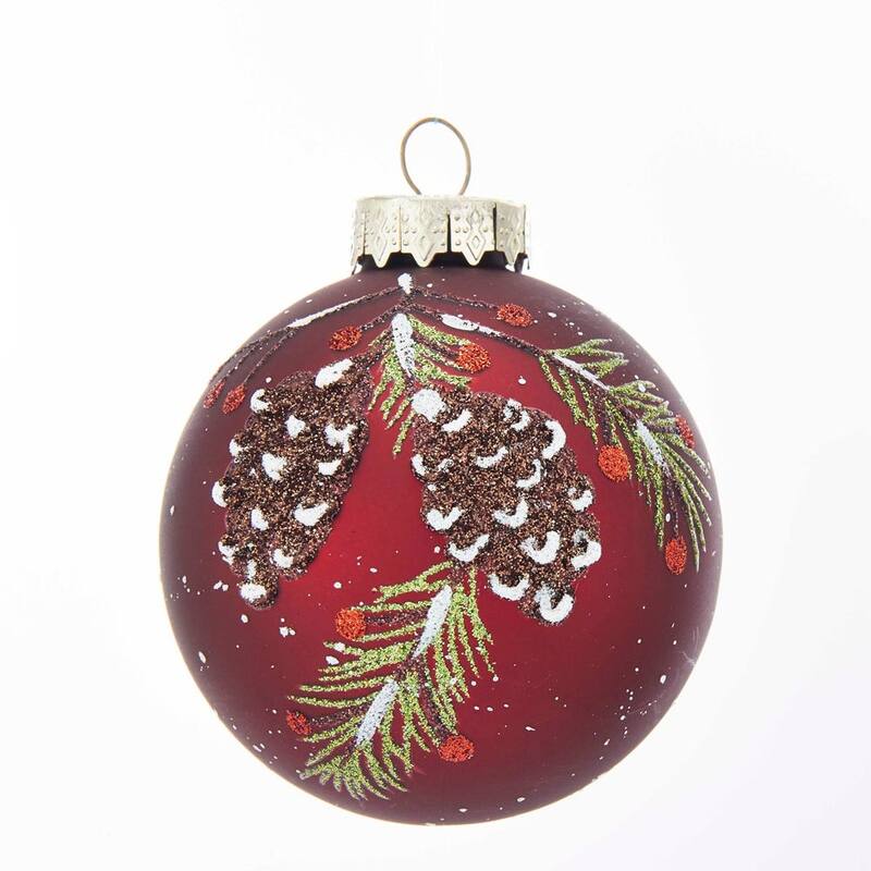 Kurt Adler 80MM Glass Red With Pinecone Design Ball Ornaments, 6 Piece Box Set - 3.15"