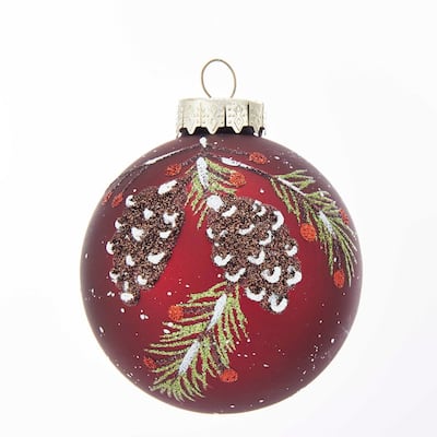 Kurt Adler 80MM Glass Red With Pinecone Design Ball Ornaments, 6 Piece Box Set - 3.15"