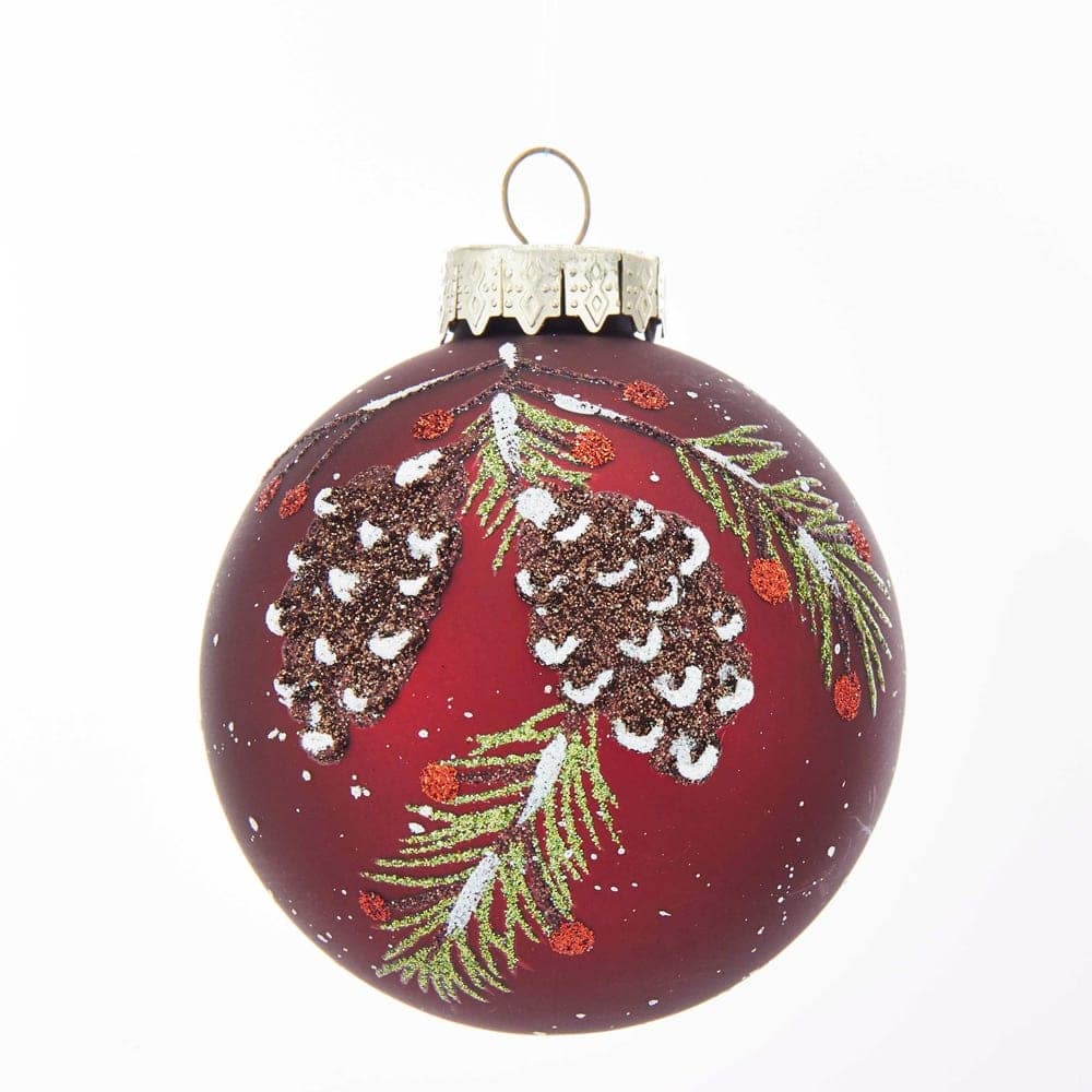 Kurt Adler 80MM Glass Red With Pinecone Design Ball Ornaments, 6 Piece Box Set - 3.15"