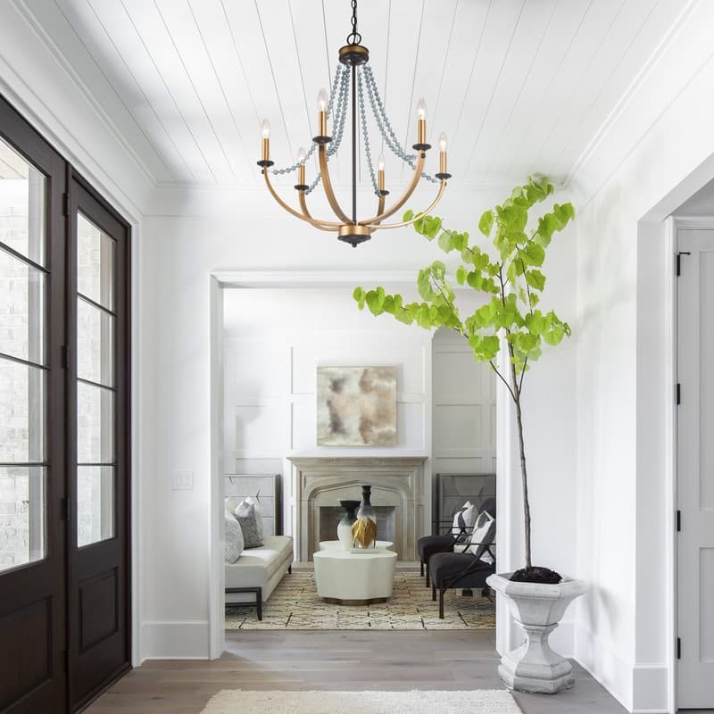 Mid-century Modern 6-Light Empire French Country Boho Dining Room Chandelier with Crystal Beads - D25" x H28.5"