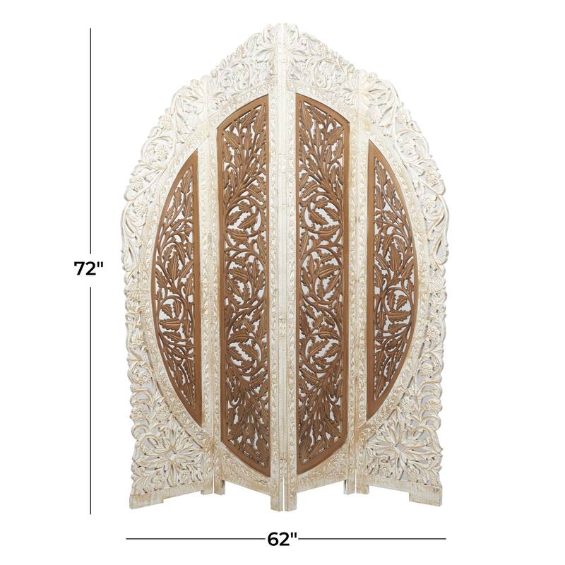 Mango Wood Floral Handmade Foldable Arched Partition 4 Panel Room Divider Screen - Brown - Roche River Decor