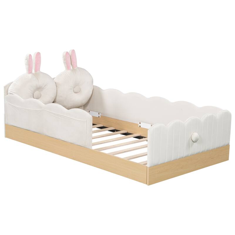 Twin Size Upholstered Bed with Bunny Ear Shape Pillows and Rabbit Tail Footboard, Storage Bags, Wave Frame Platform Bed