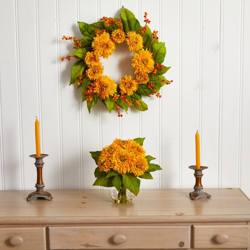 Golden Sunflower Home Decor Arrangement - Vase Accent for Table Desk Shelf Decor - 12