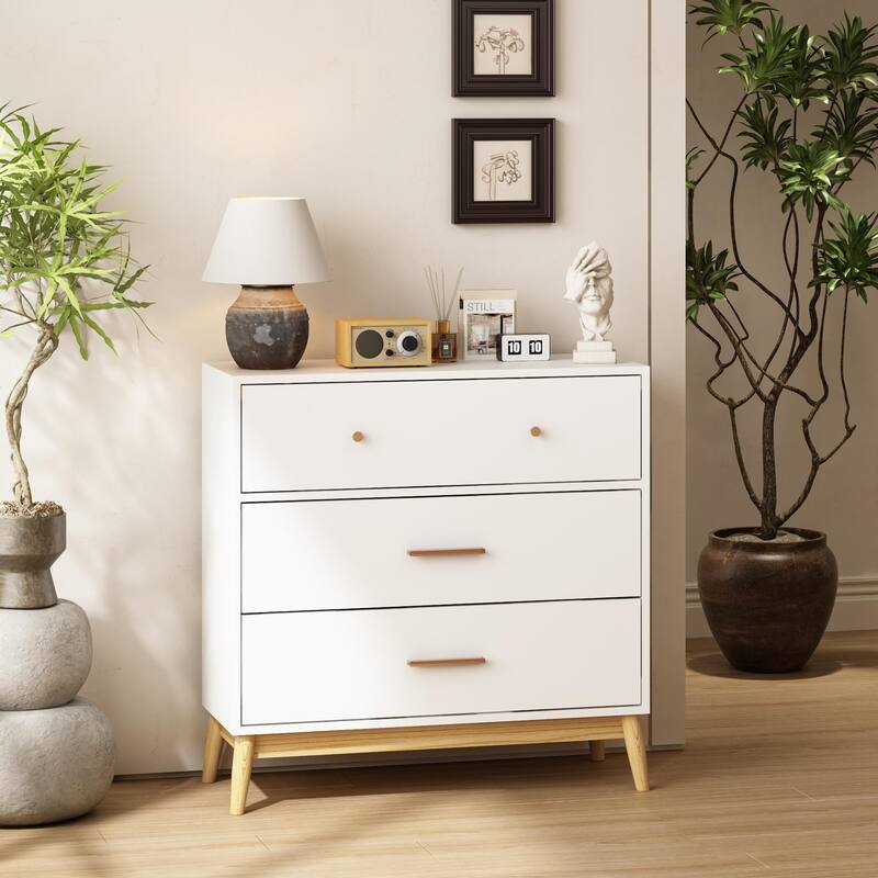 Nordic Style 3-Drawer Storage Cabinet, Modern White Chest of Drawers with Rose Gold Handles & Solid Wood Base
