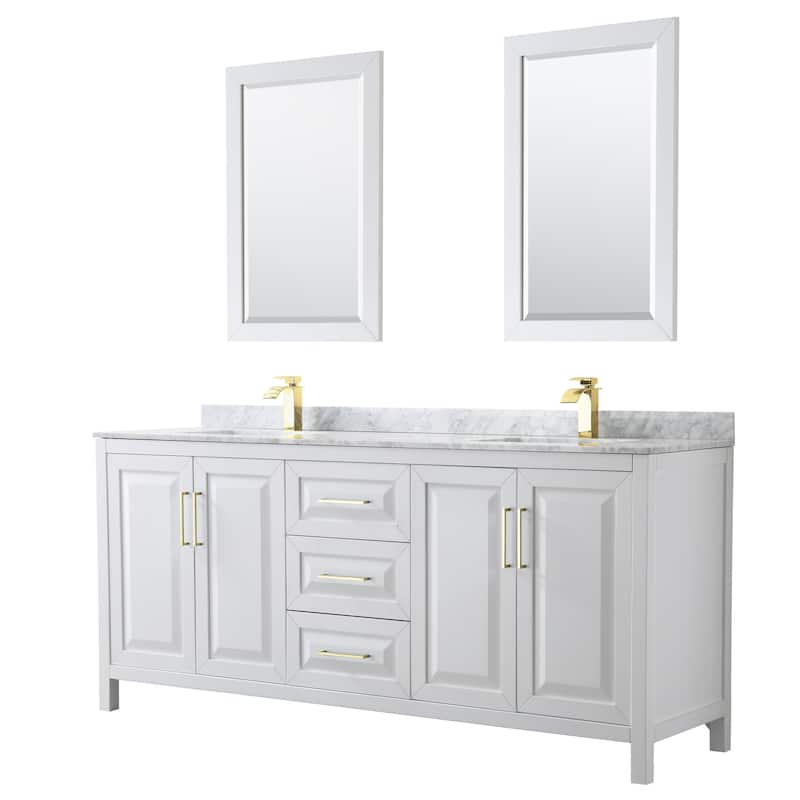 Daria 80-inch Double Vanity, Marble Top, 24-inch Mirrors - White, Gold Trim, White Carrara Marble Top