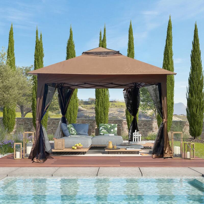 Outdoor Pop Up Gazebo with Removable Zipper Netting, 2-Tier Soft Top Event Tent Patio Shed, 11x 11 FT Heavy Duty Party Tent