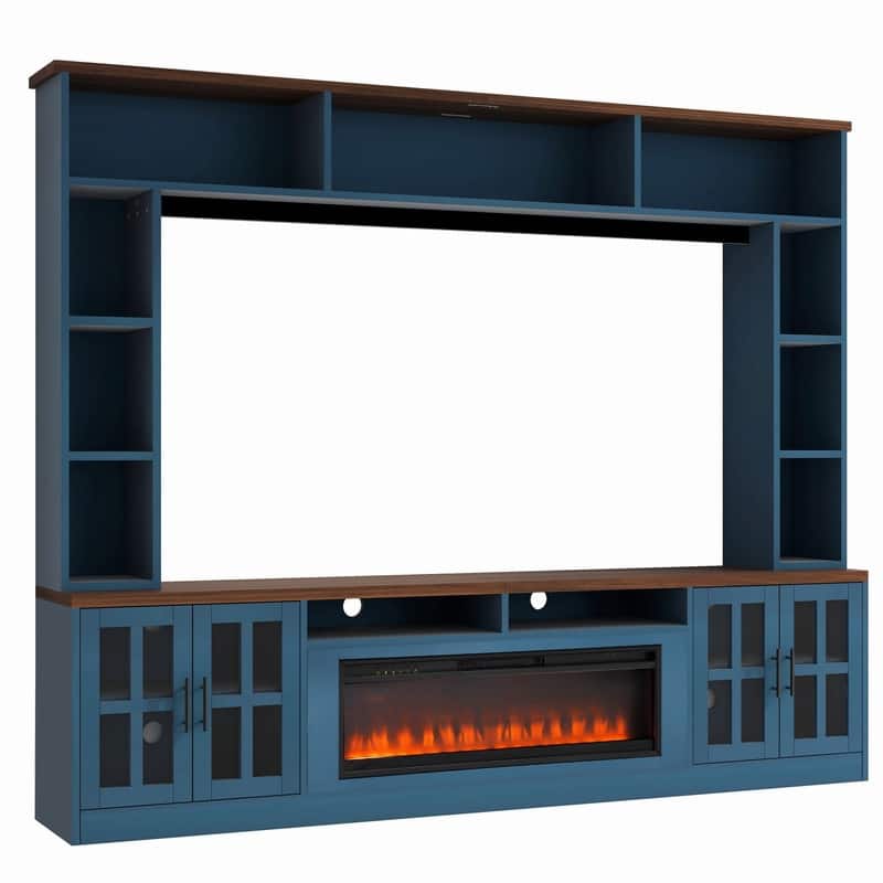 Modern 95.5" Wall Unit Entertainment Center with Bookshelves for TVs up to 80" with Electric Fireplace and Adjustable Shelves