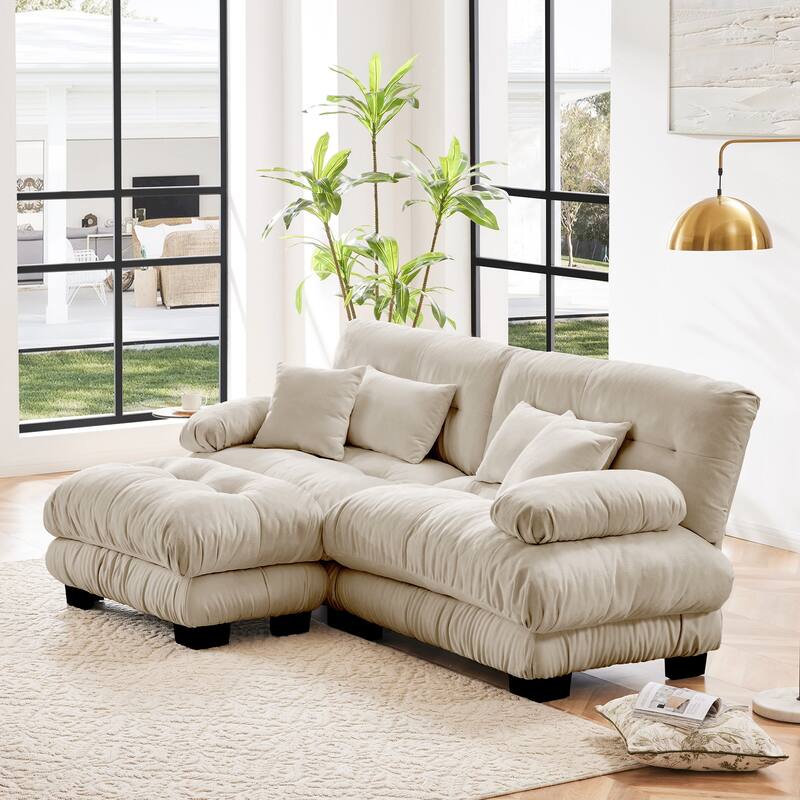 Rossetta Exquisite Stylish Design Chenille Cloud Look Couch Sectional Wide Arm Sofa with Convertible Ottoman and Pillows - Light Coffee