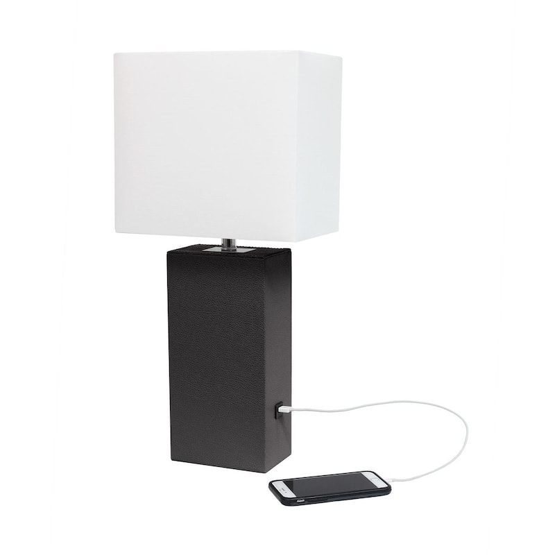 Modern Leather Table Lamp with USB and White Fabric Shade