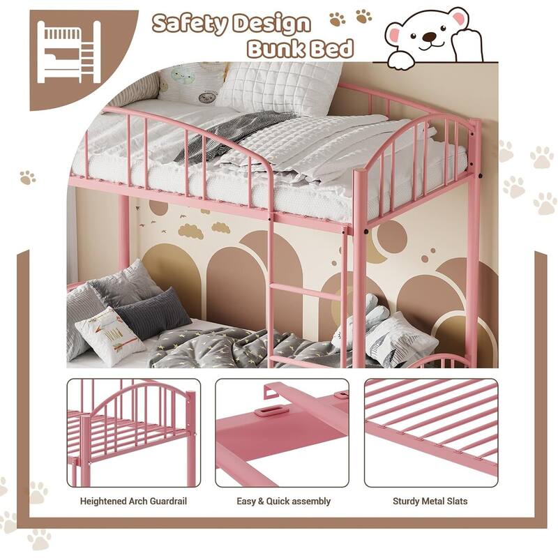 Bunk Bed Twin Over Twin with Stairs and Arched Guardrail for Bedroom and Small Space