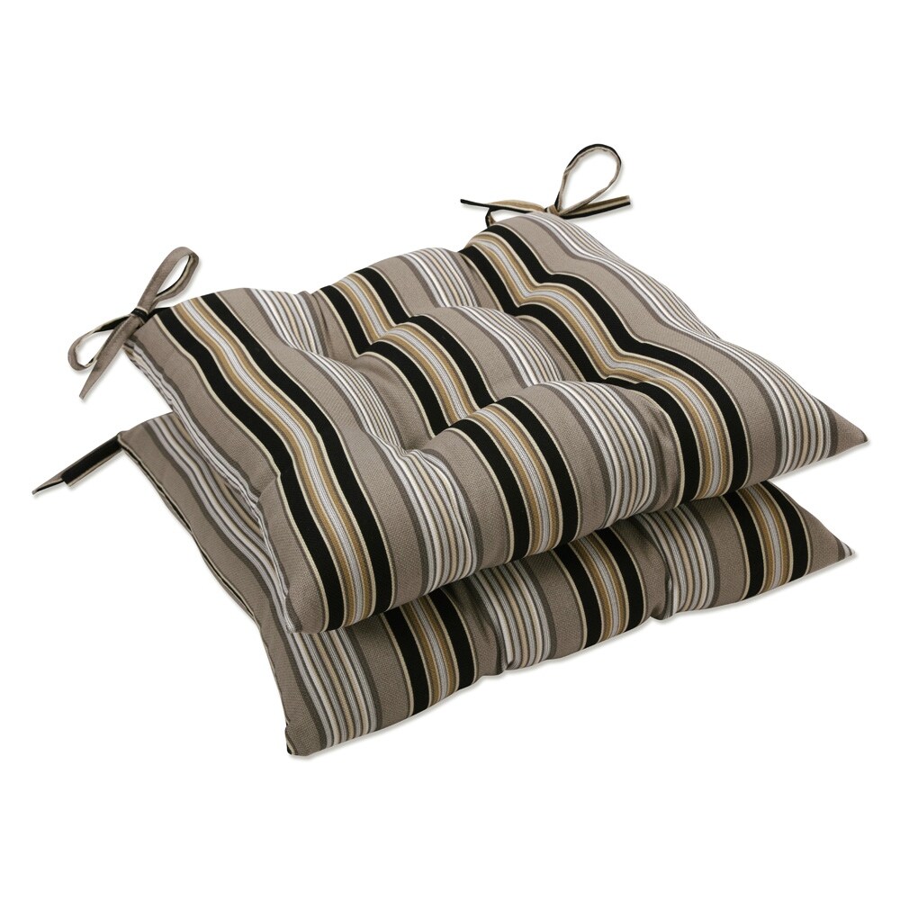 Pillow Perfect Outdoor Black Beige Stripe Tufted Seat Cushions