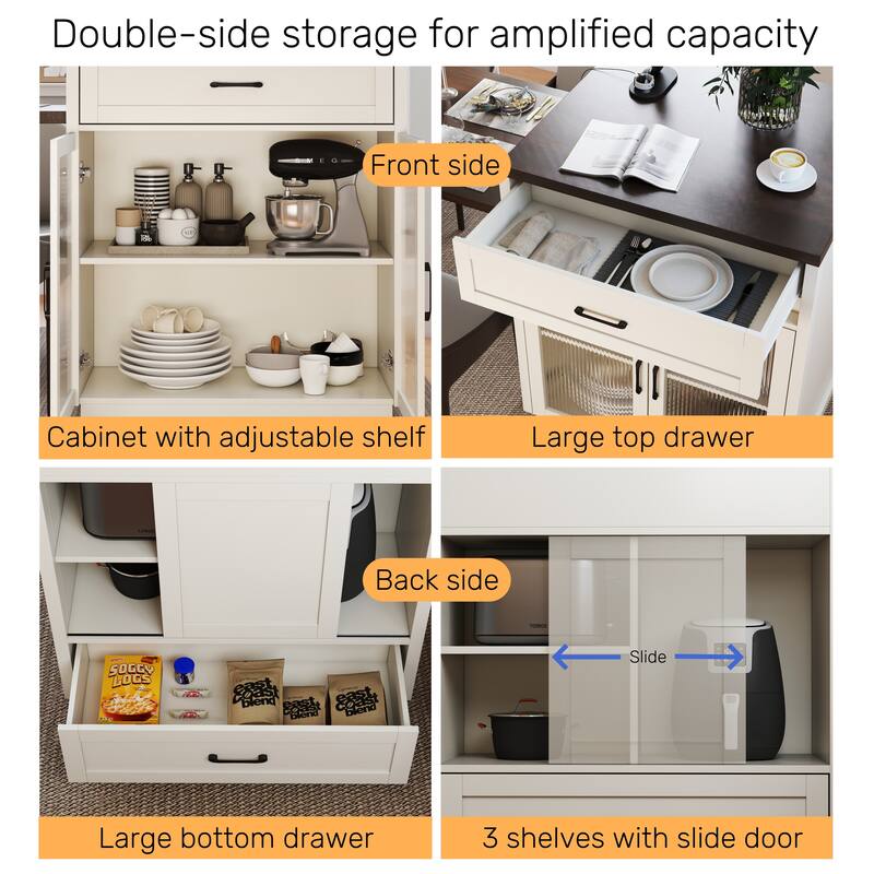 83.1"Extendable Kitchen Island with Slide Out Table and Storage Racks,Kitchen Island with Tempered Glass Doors,Power Outlet