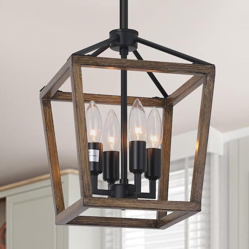 Starsky Mid-Century Modern Farmhouse 4 Light 14in Traditional Ceiling Light Geometric Lantern Chandelier - Brown