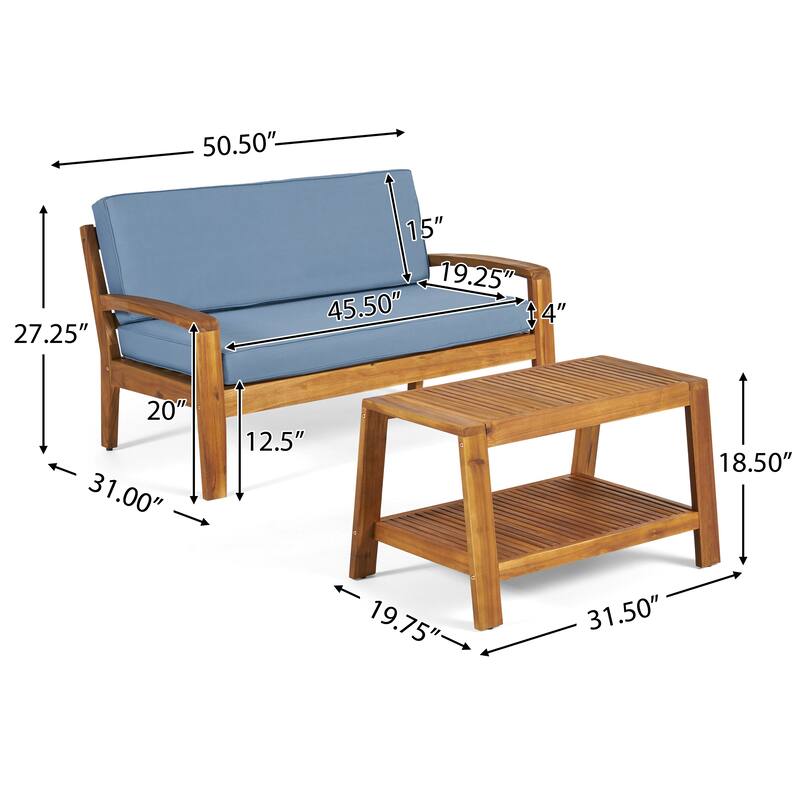 Roomfitters Outdoor Loveseat and Coffee Table Set, Acacia Wood Patio Furniture with Cushions