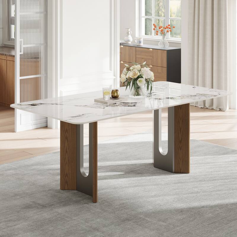 63" Modern Retangular Dining Table With Glossy White Sintered Stone Table Top, Kitchen Table With Stainless Steel Legs For 6