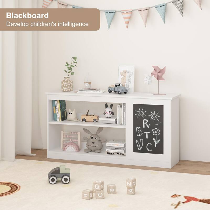 Anmytek Kids Storage Unit with Chalkboard Open and Hidden Shelves Playroom Organizer