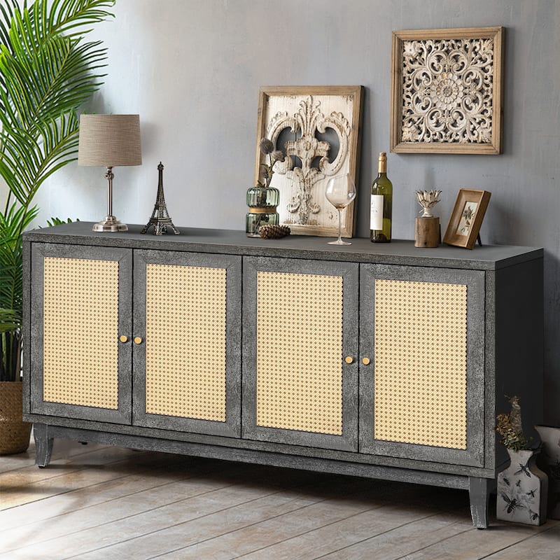 Modern Rattan Door Sideboard Buffet Cabinet with Adjustable Shelves for Living Room & Entryway Storage