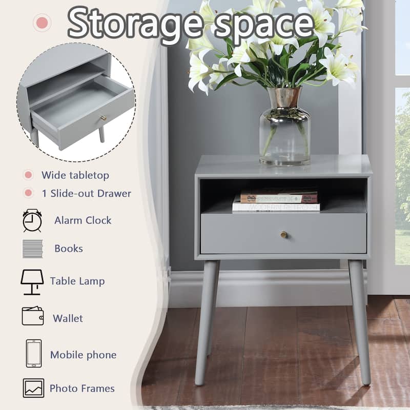 Night Stand with Drawer,Modern Nightstand,Bedside Tables,Mid Century Nightstands with Open Storage Shelf