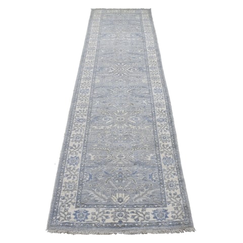 Shahbanu Rugs Hand Knotted Gray Afghan Peshawar with All Over Heriz Design Extra Soft Wool Oriental Runner Rug (2'6" x 9'9")
