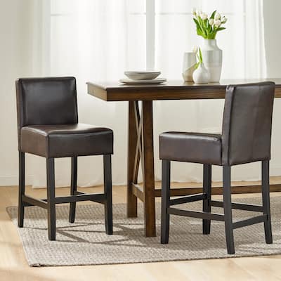 Roomfitters 26-Inch Leather Counter Stools, Set of 2 Bar Height Kitchen Chairs with Wood Base, Brown