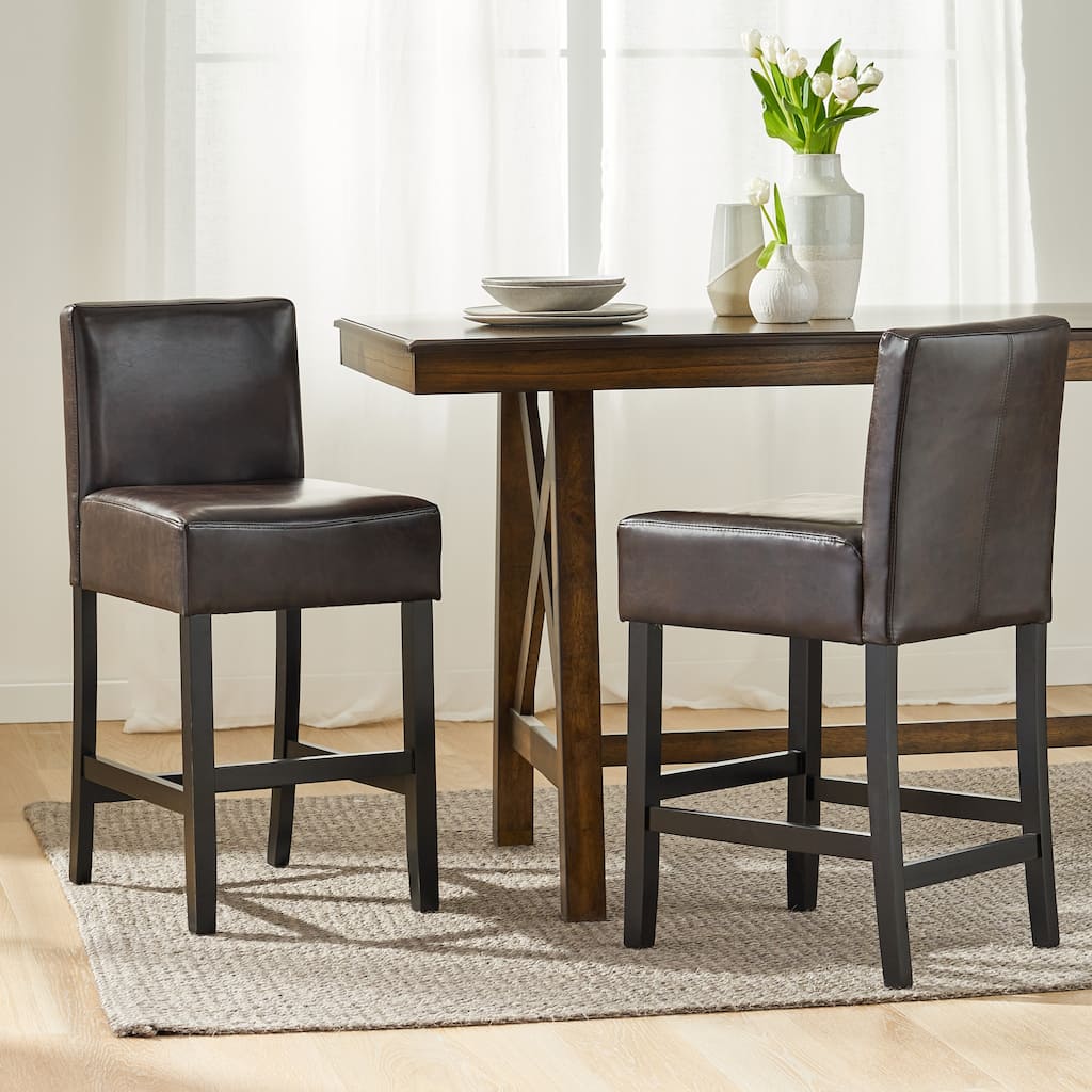 Roomfitters 26-Inch Leather Counter Stools, Set of 2 Bar Height Kitchen Chairs with Wood Base, Brown