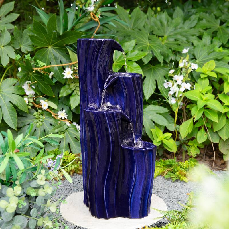 Glitzhome 29.5"H 4-Tiered Wavy Textured Outdoor Ceramic Floor Fountain with LED Light