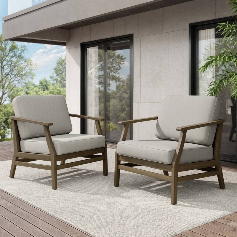 Teak Outdoor Patio Club Chairs Loveseat with Cushions - Natural Wood - 2 chairs/Light Camel