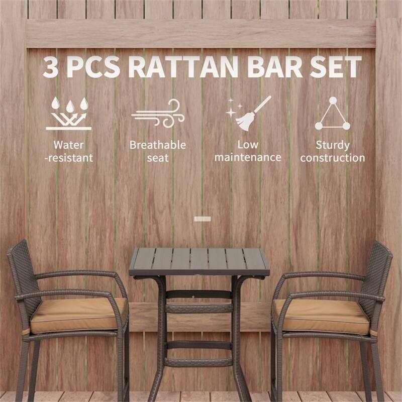 Outdoor Bar Table and Stool Set Rattan with Khaki Cushions Weather Resistant Patio Furniture - 27.5" L x 25.5" W x 35.75" H